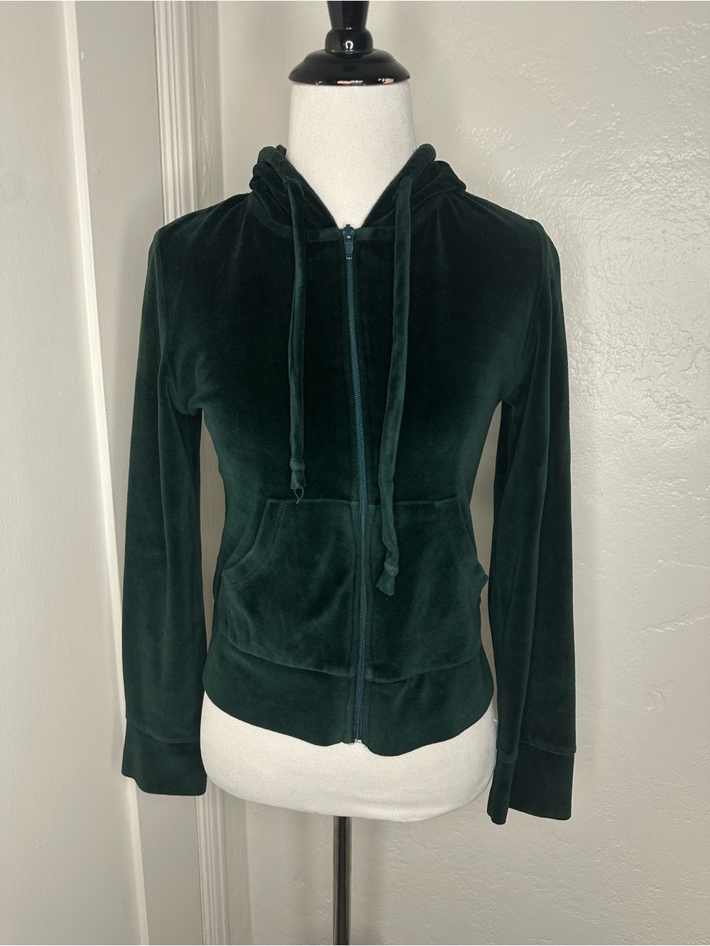 Vintage Y2K Style Deep Emerald Green Velour Full-Zip Hoodie